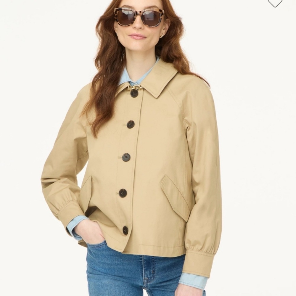J.Crew Short Utility Trench Jacket British Khaki Tan Coat Womens Large NWT